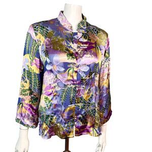 Aris.A top blouse Medium burnout velvet silk tropical purple Asian Hawaiian